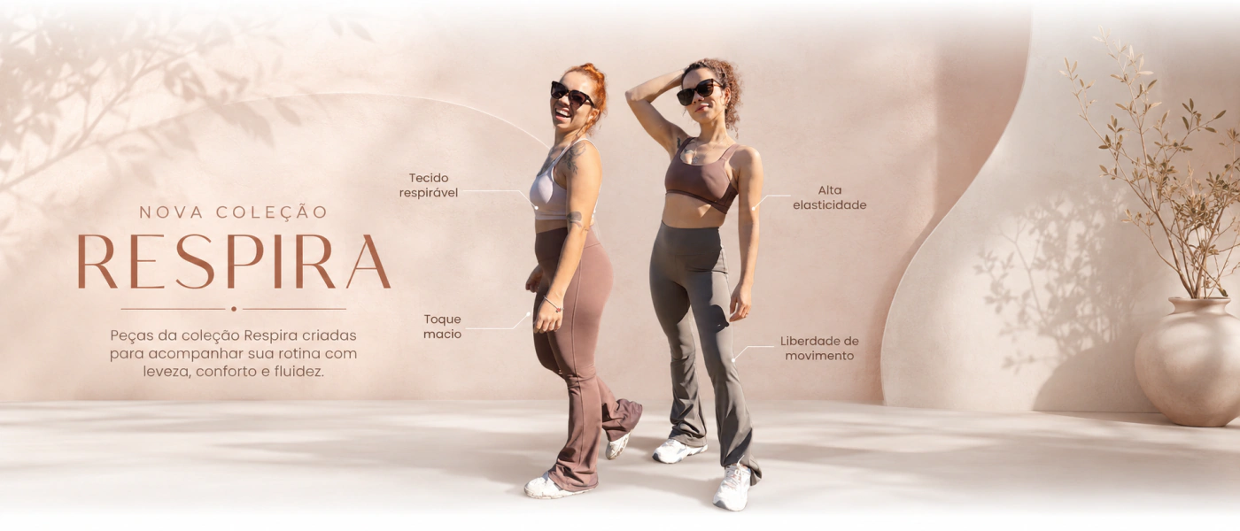Mulheres vestem peças da coleção Respira em um ambiente claro.