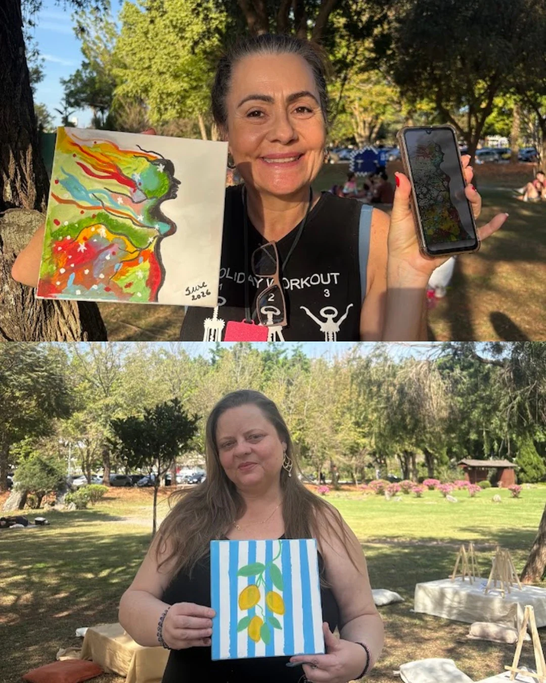 Colagem de duas participantes exibindo pinturas em tela durante um encontro no parque.