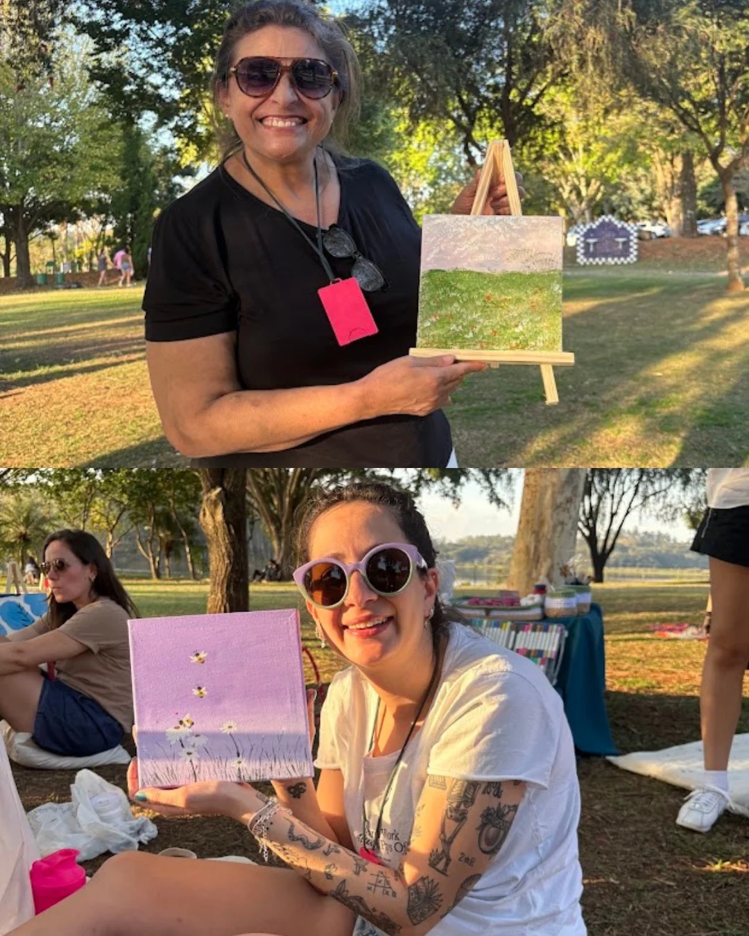 Colagem de participantes mostrando pinturas em tela, com árvores e materiais de pintura ao fundo.