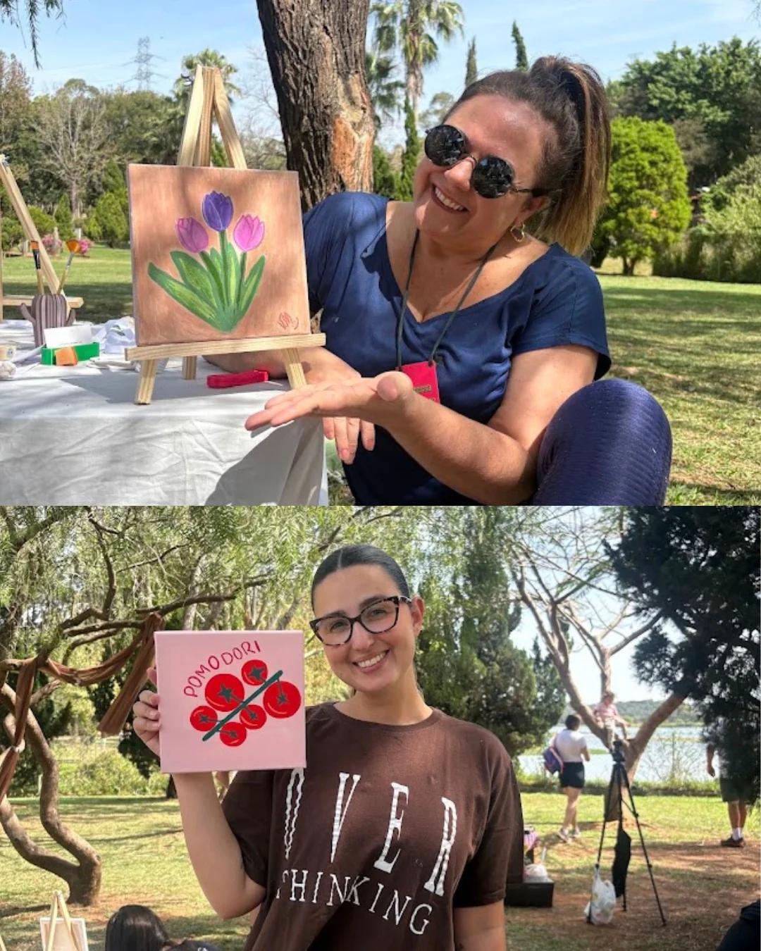 Colagem de duas participantes mostrando suas pinturas em tela no parque.